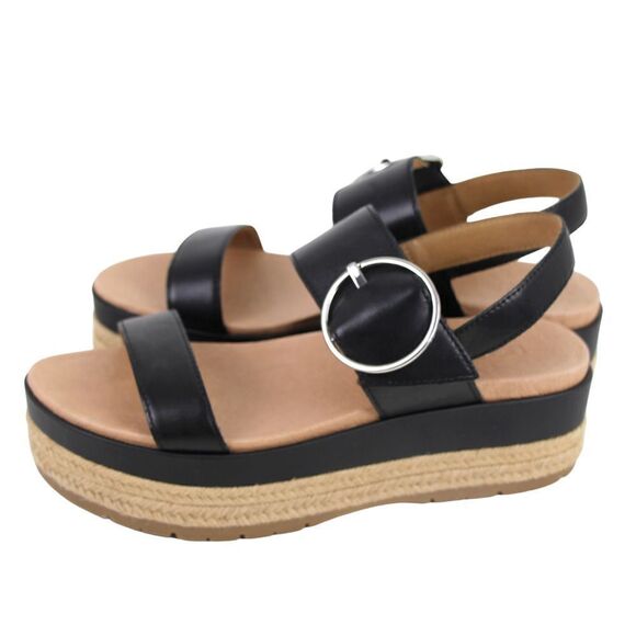 UGG BLACK GENUINE LEATHER OPEN TOE WEDGE BUCKLE SLINGBACK SANDALS SHOES Sz 9/40 - Picture 4 of 10